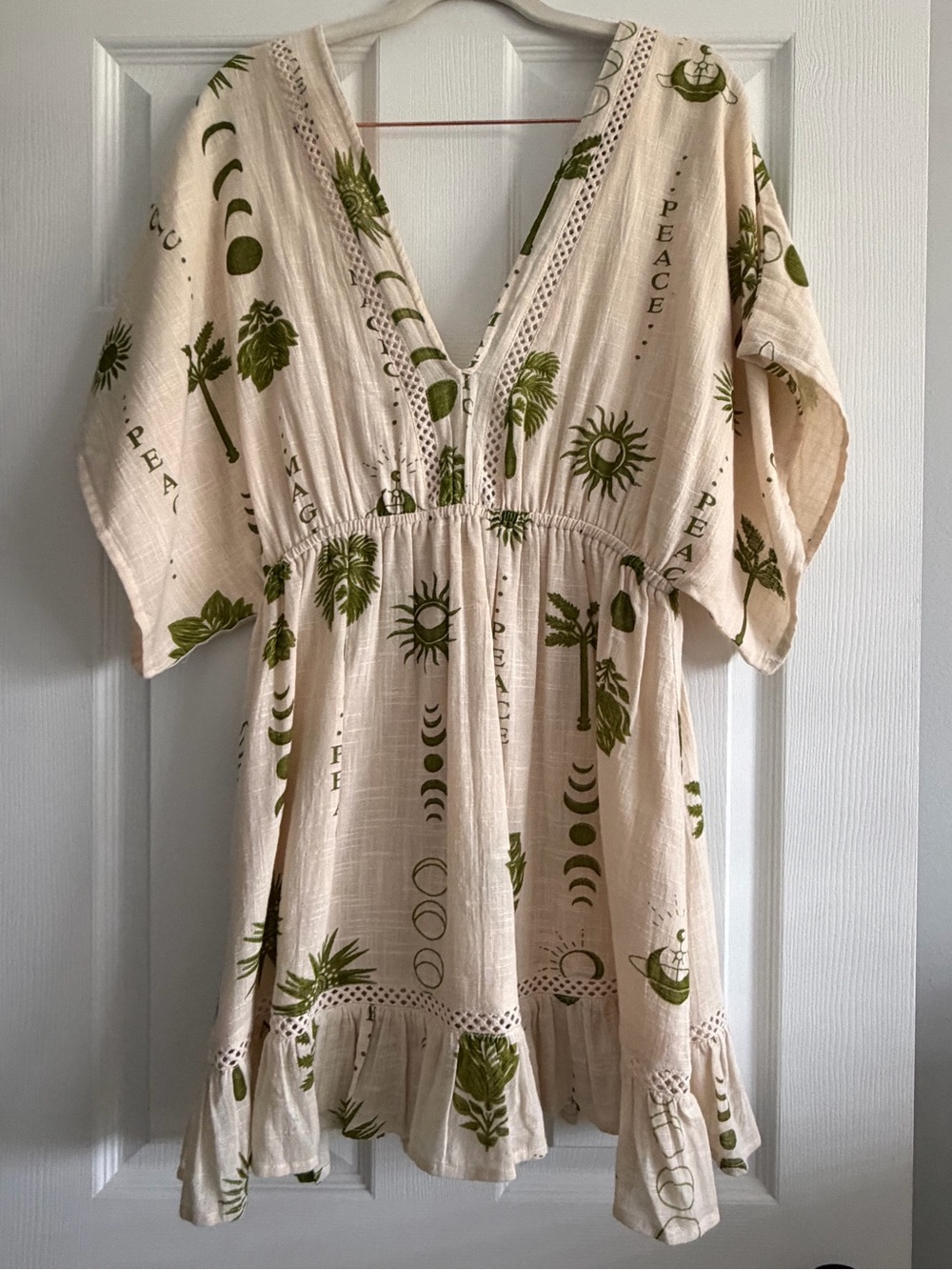 Boho V-Neck Mini Dress in Cream with Olive Print